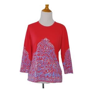 J. McLaughlin Catalina Cloth Signature Tee 3/4 Sleeves Red Printed Small